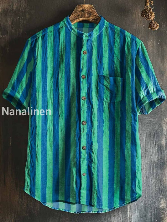 Men`s Vintage Style Stripes Print Cotton Casual Short Sleeve Shirt Colorful / S