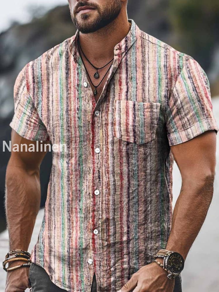 Men`s Vintage Style Stripes Print Cotton Casual Short Sleeve Shirt Colorful / S