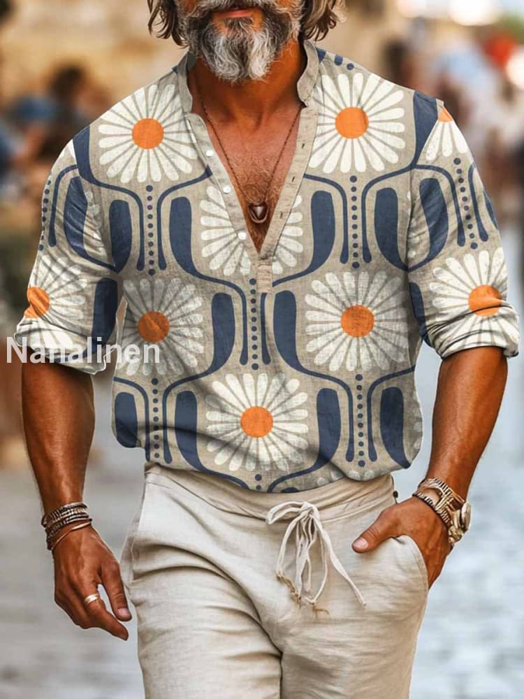Men`s Vintage Style Sunflower Print Cotton Casual Long Sleeve Shirt Colorful / S