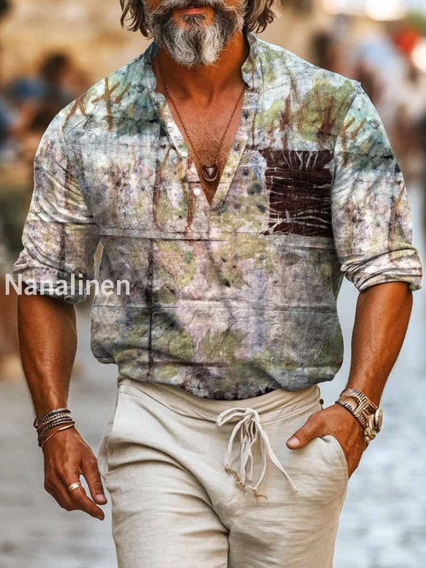 Men`s Vintage Style Tie-Dye Abstract Print Cotton Casual Long Sleeve Shirt Colorful / S