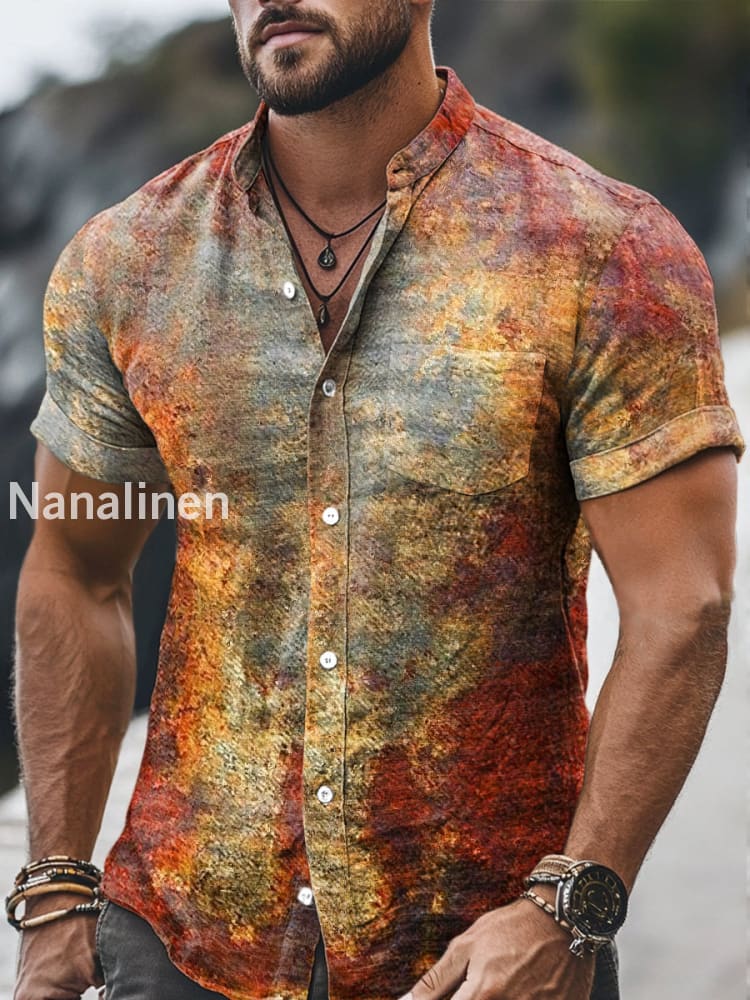 Men`s Vintage Style Tie-Dye Print Cotton Casual Short Sleeve Shirt Colorful / S