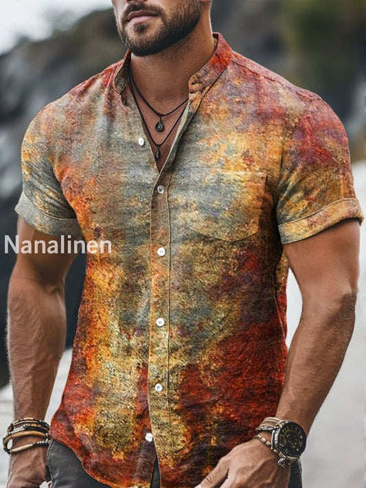 Men`s Vintage Style Tie-Dye Print Cotton Casual Short Sleeve Shirt Colorful / S