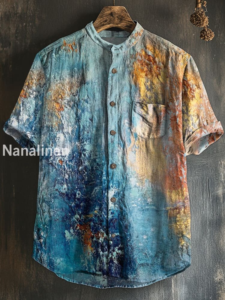 Men`s Vintage Style Tie-Dye Print Cotton Casual Short Sleeve Shirt Colorful / S