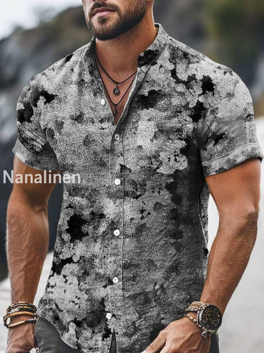 Men`s Vintage Style Tie-Dye Print Cotton Casual Short Sleeve Shirt Dark Gray / S