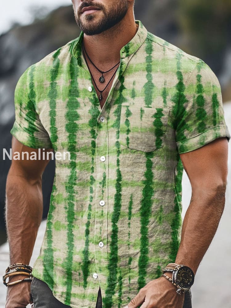 Men`s Vintage Style Tie-Dye Stripes Print Cotton Casual Short Sleeve Shirt Colorful / S