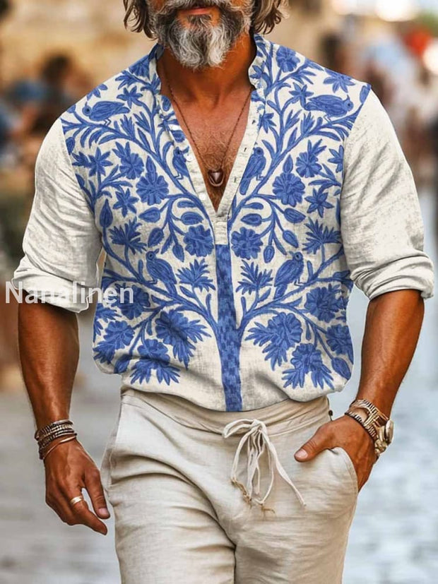 Men`s Vintage Style Tree Print Cotton Casual Long Sleeve Shirt Colorful / S
