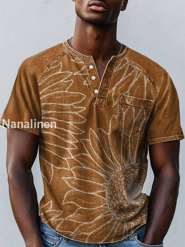 Men`s Vintage Sunflowers Abstract Art Print Design Casual T-Shirt Brown / S