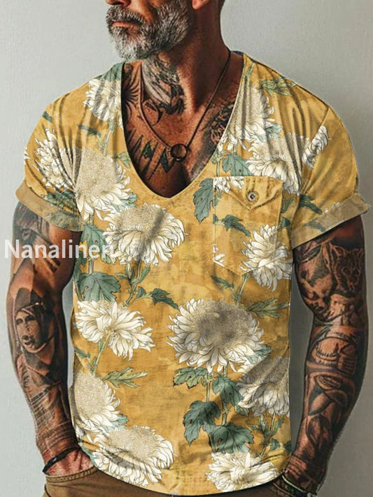 Men`s Vintage Sunflowers Art Print Pocket Casual Short Sleeves T-Shirt Colorful / S