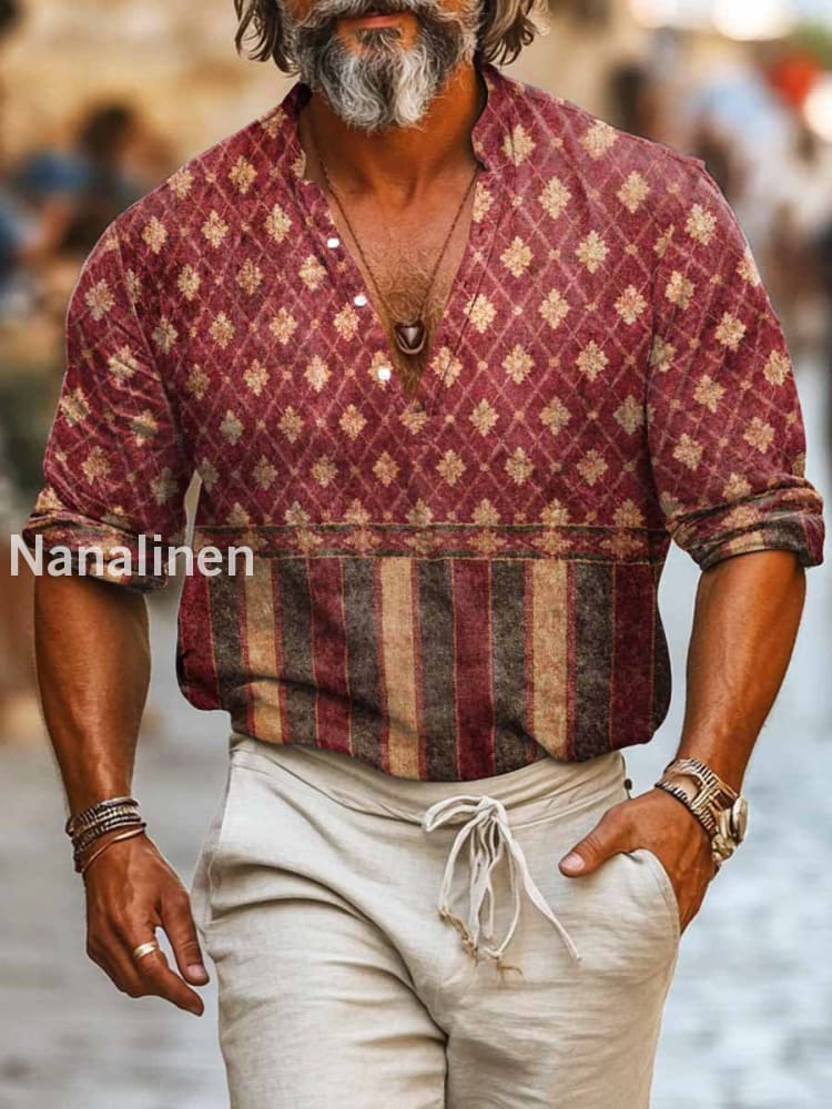 Men`s Vintage Traditional Floral Print Cotton Casual Long Sleeve Shirt Red / S