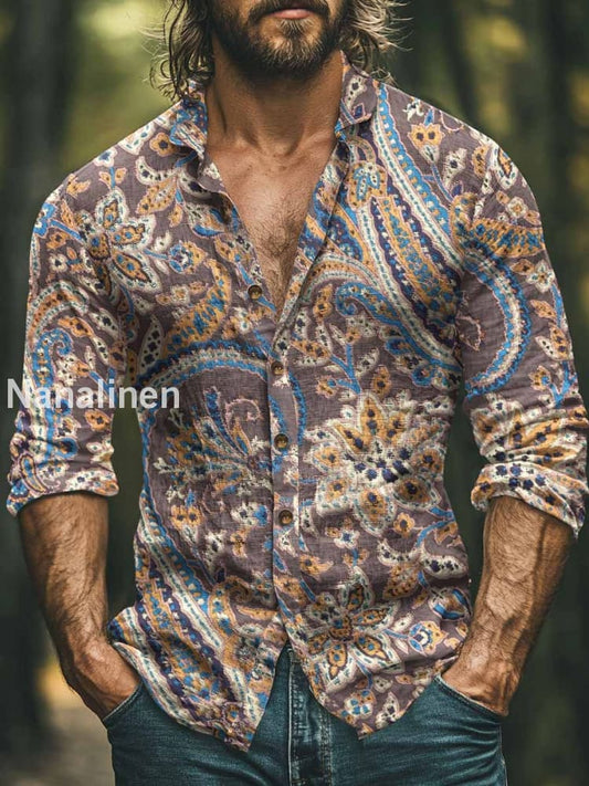 Men’s Vintqage Style Boho Floral Print Art Casual Cotton Shirt Colorful / S