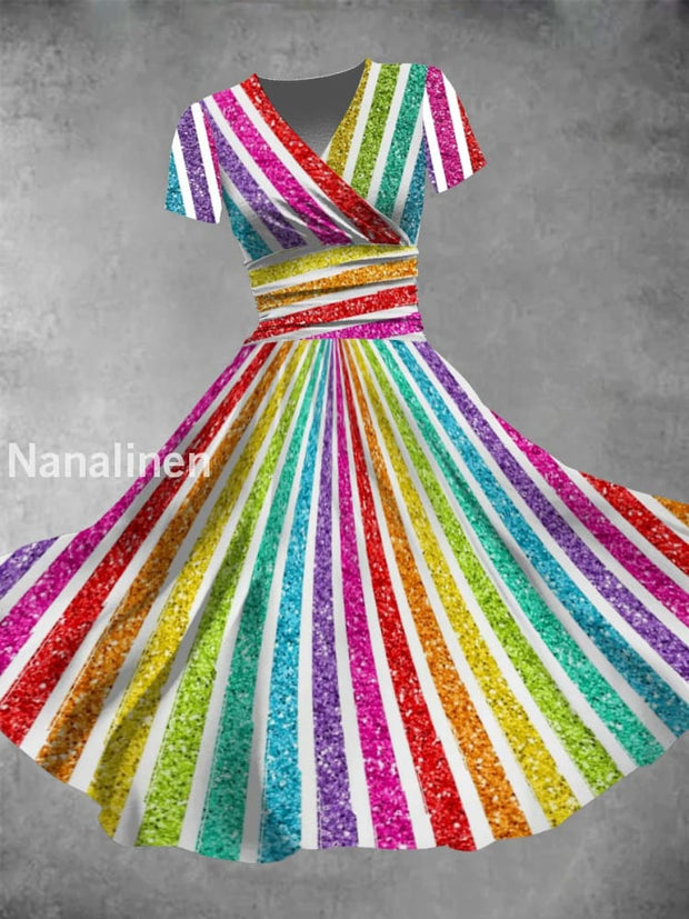 Mexican Carnival Colourful Art Printed Vintage V-Neck Pleated Waist Short Sleeve Midi Dress A / S