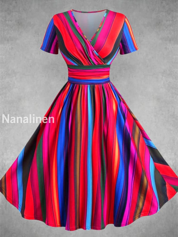 Mexican Carnival Colourful Art Printed Vintage V-Neck Pleated Waist Short Sleeve Midi Dress A / S