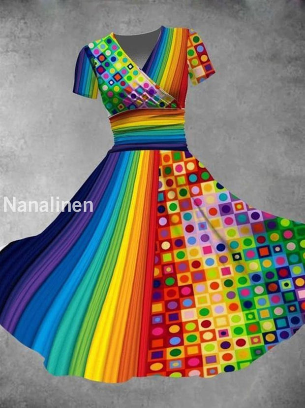 Mexican Carnival Colourful Art Printed Vintage V-Neck Pleated Waist Short Sleeve Midi Dress A / S