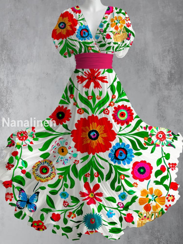 Mexican Fiesta Floral Art Printed Elegant V-Neck Vintage Short Sleeve Maxi Dress A / S