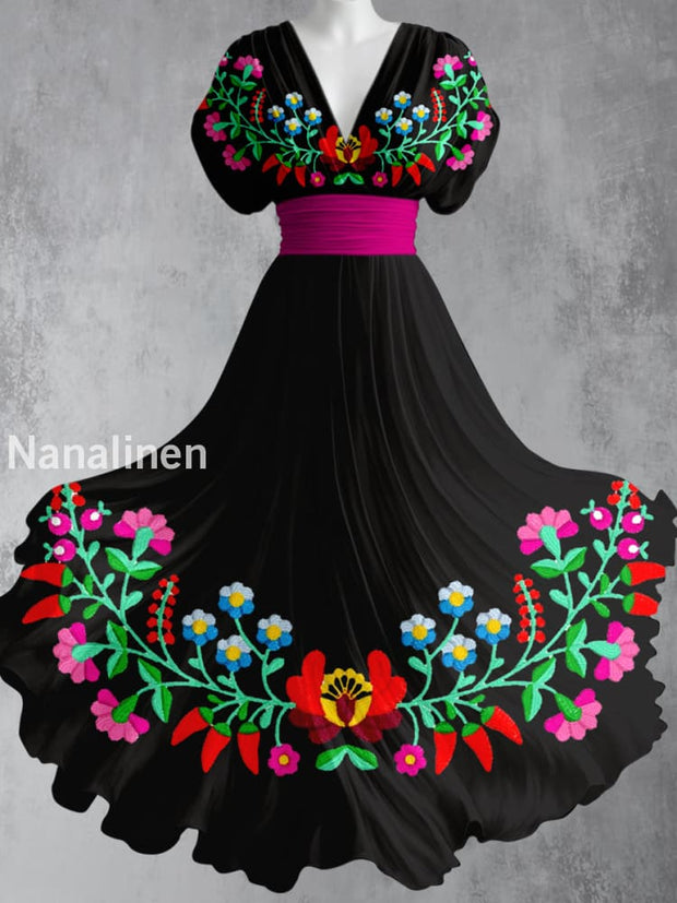 Mexican Fiesta Floral Art Printed Elegant V-Neck Vintage Short Sleeve Maxi Dress A / S