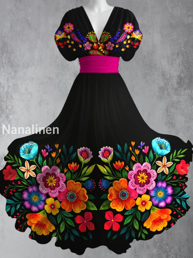 Mexican Fiesta Floral Art Printed Elegant V-Neck Vintage Short Sleeve Maxi Dress A / S