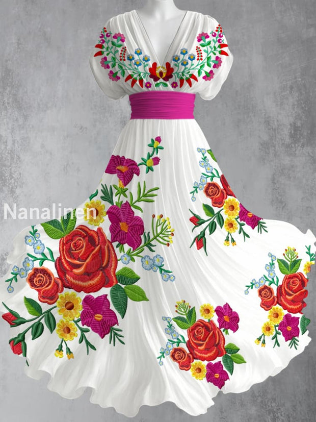 Mexican Fiesta Floral Art Printed Elegant V-Neck Vintage Short Sleeve Maxi Dress A / S