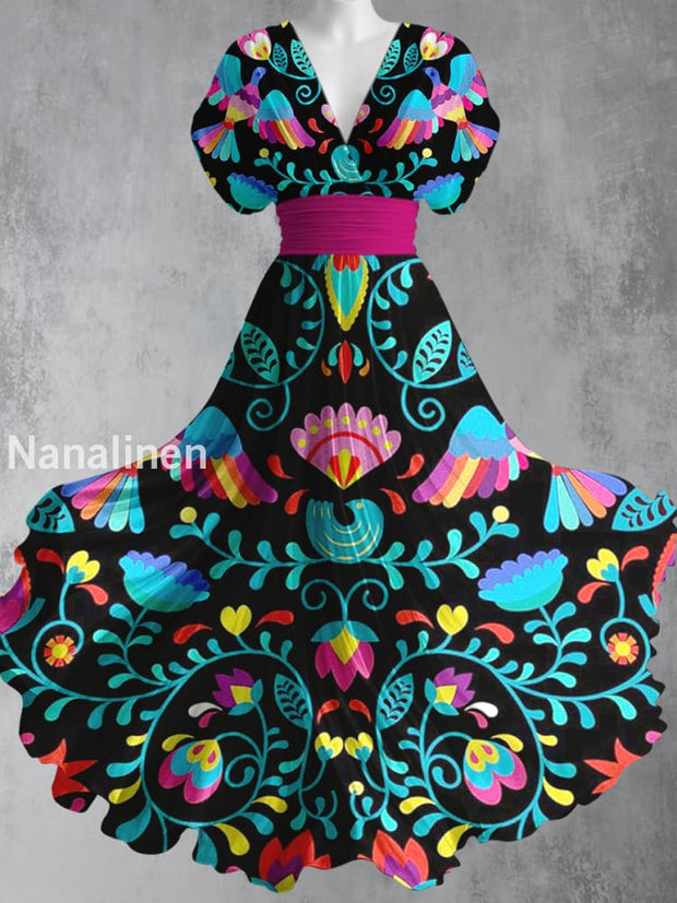 Mexican Fiesta Floral Art Printed Elegant V-Neck Vintage Short Sleeve Maxi Dress A / S