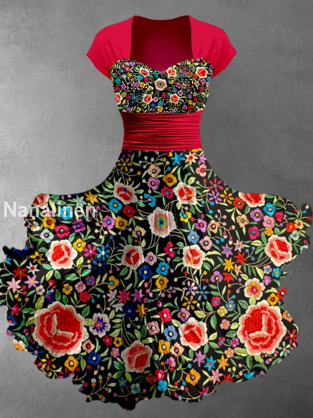 Mexican Fiesta Floral Art Printed Vintage V-Neck Pleated Waist Short Sleeve Midi Dress A / S