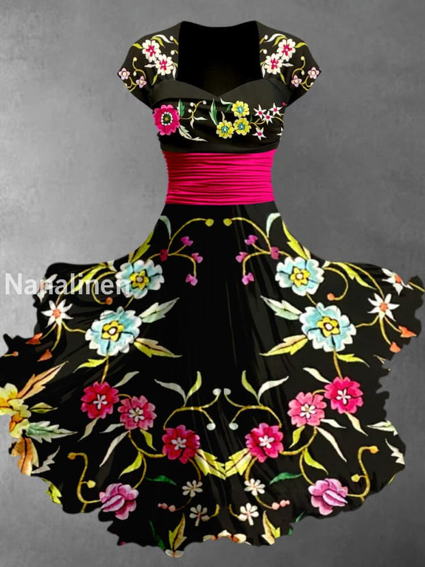 Mexican Fiesta Floral Art Printed Vintage V-Neck Pleated Waist Short Sleeve Midi Dress A / S