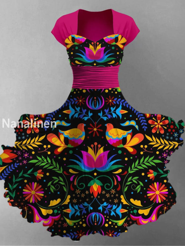 Mexican Fiesta Floral Art Printed Vintage V-Neck Pleated Waist Short Sleeve Midi Dress A / S