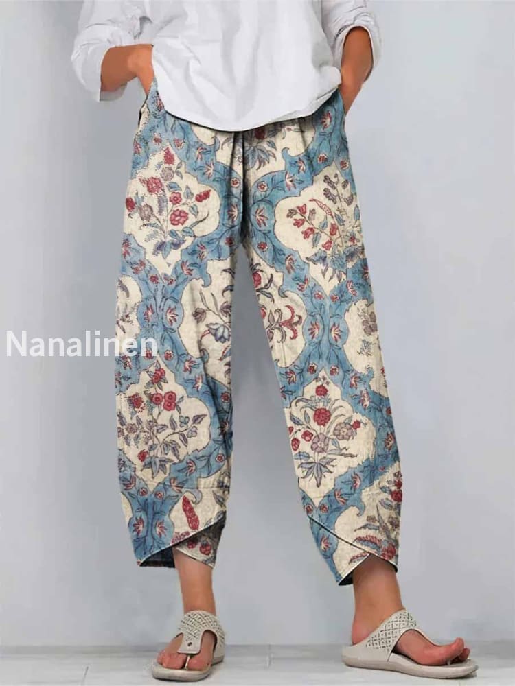 National Print Art Cropped Casual Cotton Pants Colorful / S