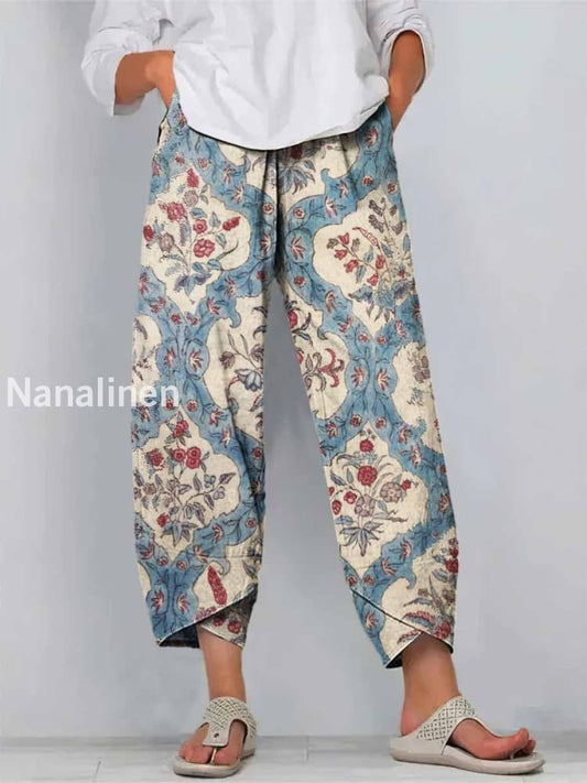 National Print Art Cropped Casual Cotton Pants Colorful / S