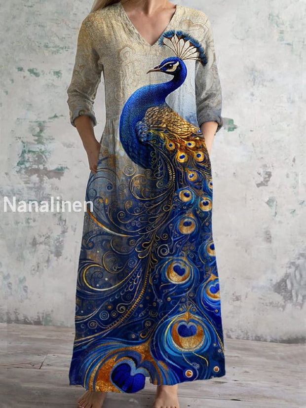 Peacock Vintage Art Print Chic V Neck Three Quarter Sleeve Elegant Midi Dress Peacock Blue / S