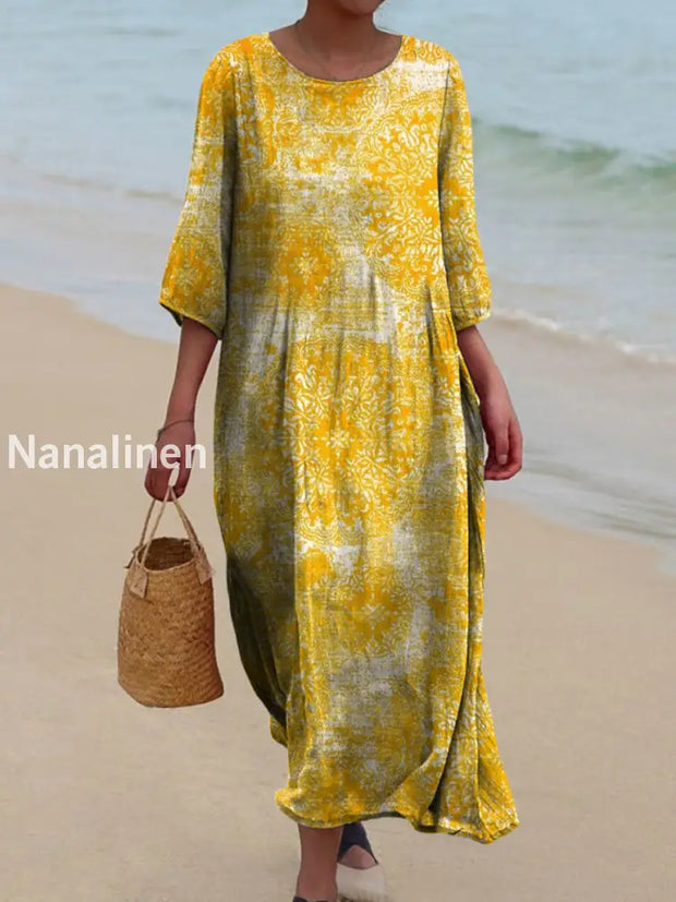 Printed Round Neck Vintage Loose Long Sleeves Midi Dress A / S