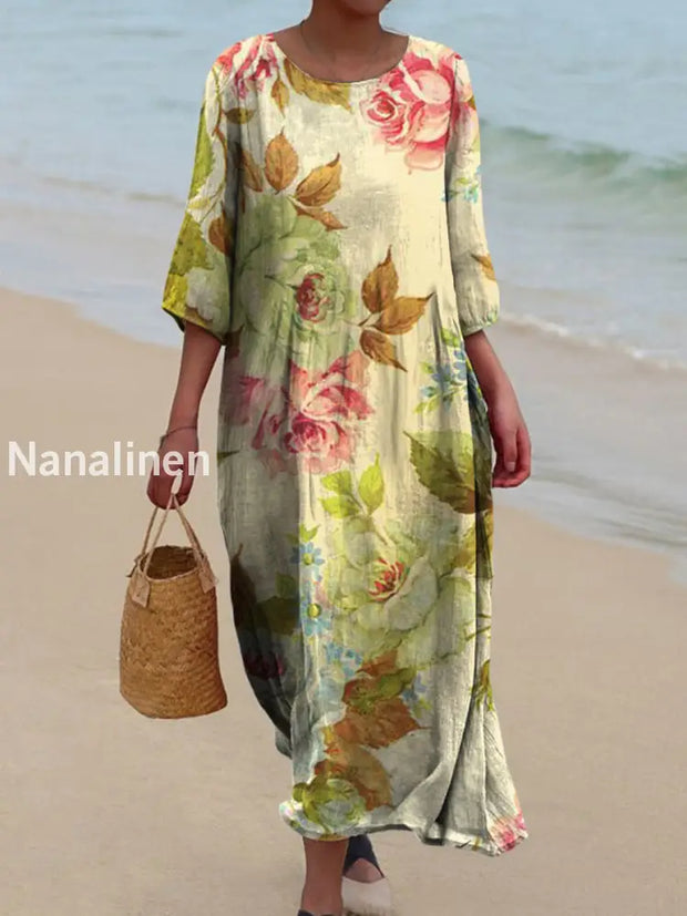 Printed Round Neck Vintage Loose Long Sleeves Midi Dress A / S