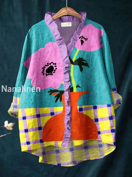 Retro Abstract Boho Floral Print Casual Ruffle V-Neck Long Sleeve Cotton Shirt A / S