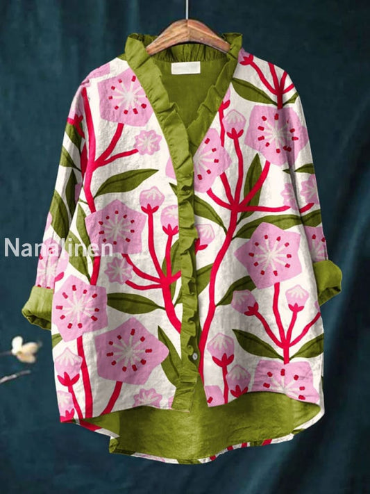 Retro Abstract Boho Floral Print Casual Ruffle V-Neck Long Sleeve Cotton Shirt A / S