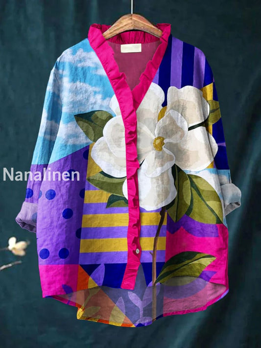 Retro Abstract Boho Floral Print Casual Ruffle V-Neck Long Sleeve Cotton Shirt A / S