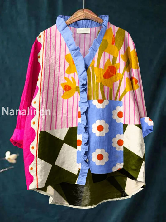 Retro Abstract Boho Floral Print Casual Ruffle V-Neck Long Sleeve Cotton Shirt A / S