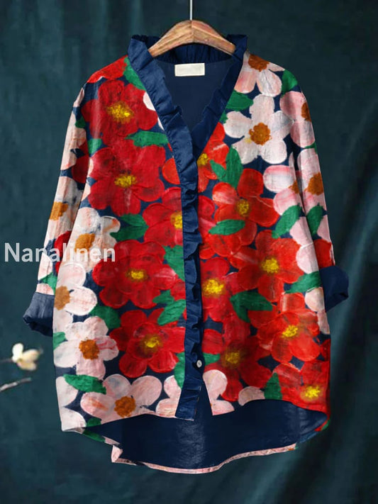 Retro Abstract Boho Floral Print Casual Ruffle V-Neck Long Sleeve Cotton Shirt A / S