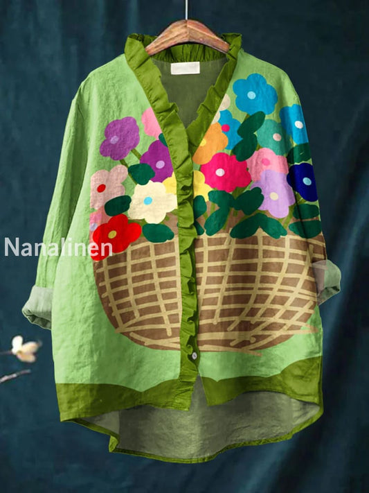 Retro Abstract Boho Floral Print Casual Ruffle V-Neck Long Sleeve Cotton Shirt A / S