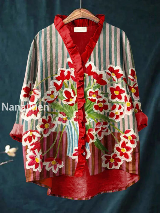 Retro Abstract Boho Floral Print Casual Ruffle V-Neck Long Sleeve Cotton Shirt A / S