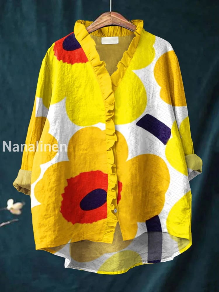 Retro Abstract Boho Floral Print Casual Ruffle V-Neck Long Sleeve Cotton Shirt A / S