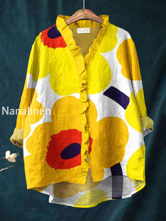 Retro Abstract Boho Floral Print Casual Ruffle V-Neck Long Sleeve Cotton Shirt A / S