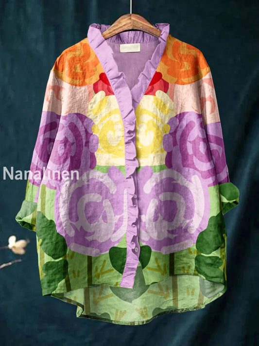 Retro Abstract Boho Floral Print Casual Ruffle V-Neck Long Sleeve Cotton Shirt A / S