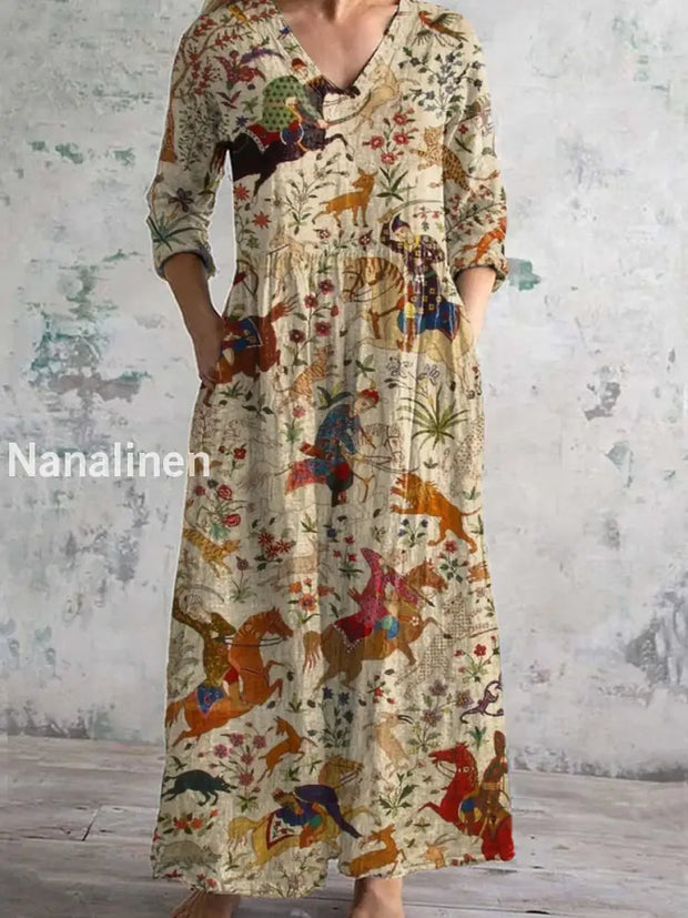 Retro Animal Art Print Chic V Neck Three Quarter Sleeve Elegant Midi Dress A / S