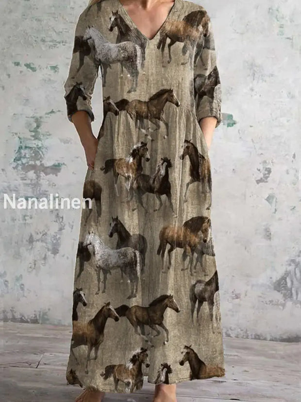 Retro Animal Art Print Chic V Neck Three Quarter Sleeve Elegant Midi Dress A / S