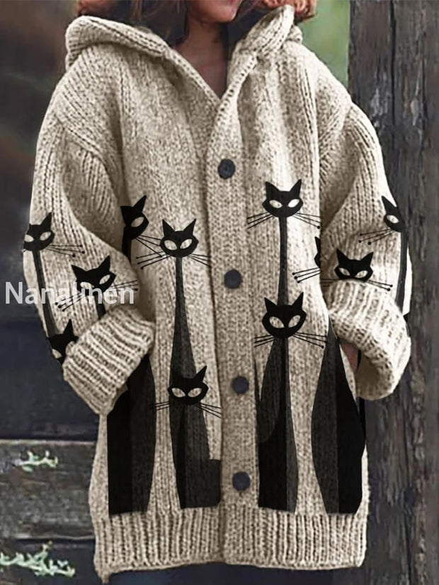 Retro Animal Print Button Thick Long Sleeve Hooded Cardigan A / S