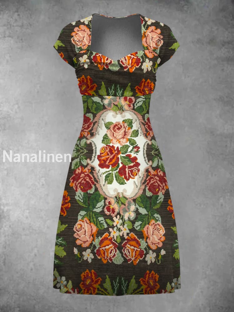 Retro Art Print Elegant Chic Short-Sleeved Temperament Dress A / S