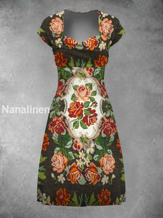 Retro Art Print Elegant Chic Short-Sleeved Temperament Dress A / S