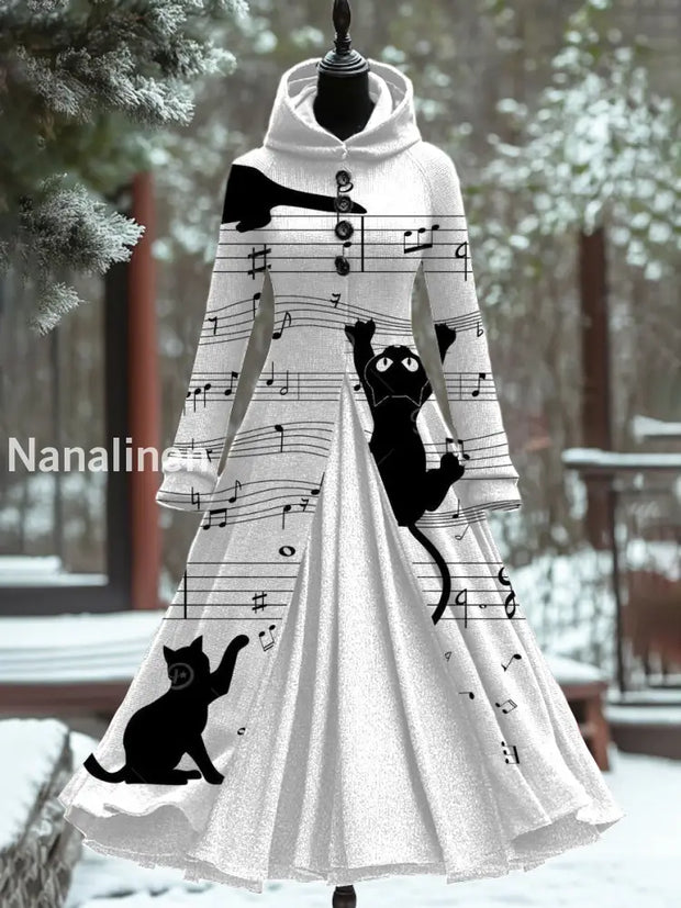 Retro Art Print Hooded Splicing Long Sleeve 50S Elegant Slim Fake Two-Piece Midi Dress A / S