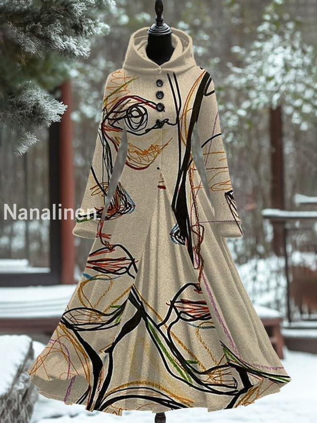 Retro Art Print Hooded Splicing Long Sleeve 50S Elegant Slim Fake Two-Piece Midi Dress A / S