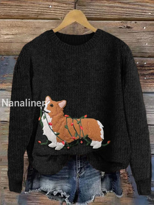 Retro Art Puppy Print Casual Round Neck Long Sleeve Sweater Top A / S