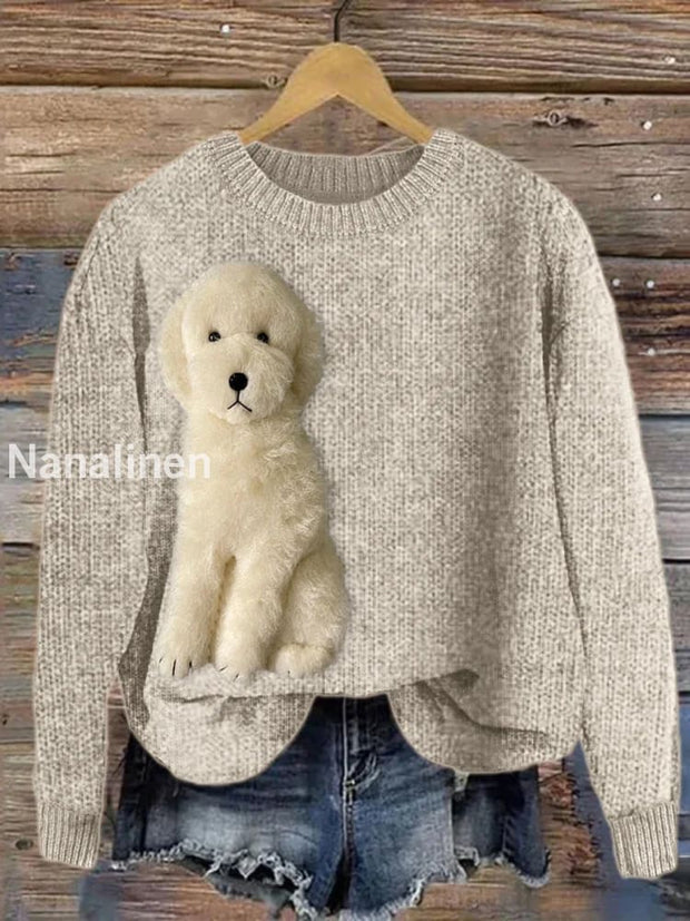 Retro Art Puppy Print Casual Round Neck Long Sleeve Sweater Top A / S