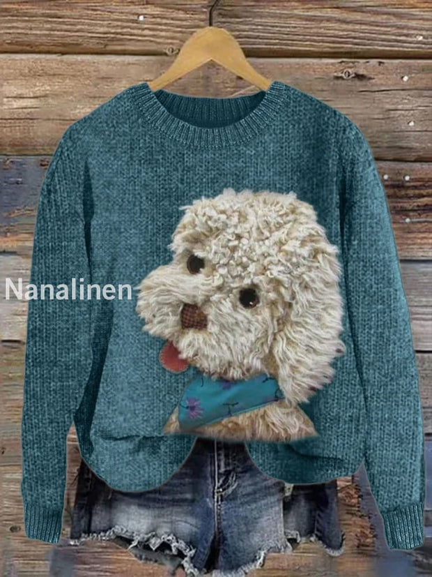 Retro Art Puppy Print Casual Round Neck Long Sleeve Sweater Top A / S